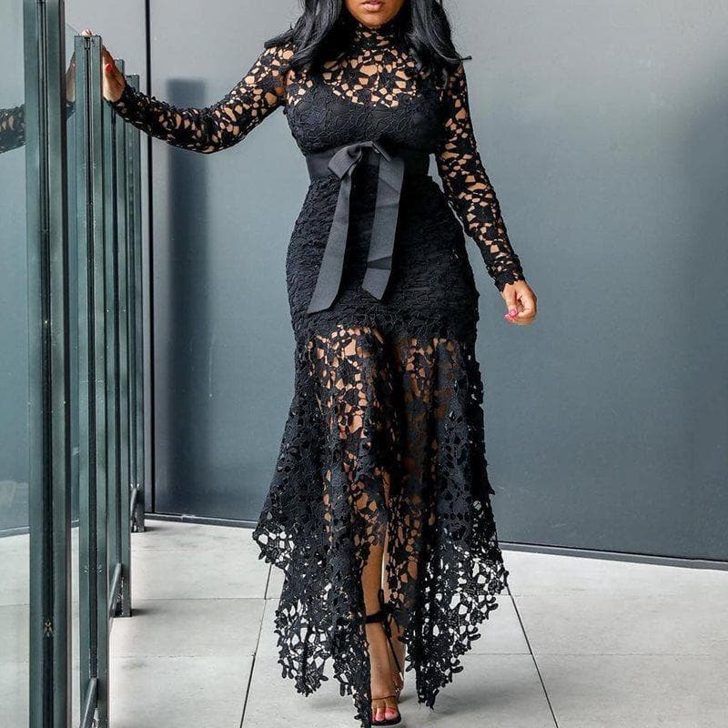 Women's Lace Hollow Long Sleeve Stand Collar Tie Plus Size Women's Irregular Dress