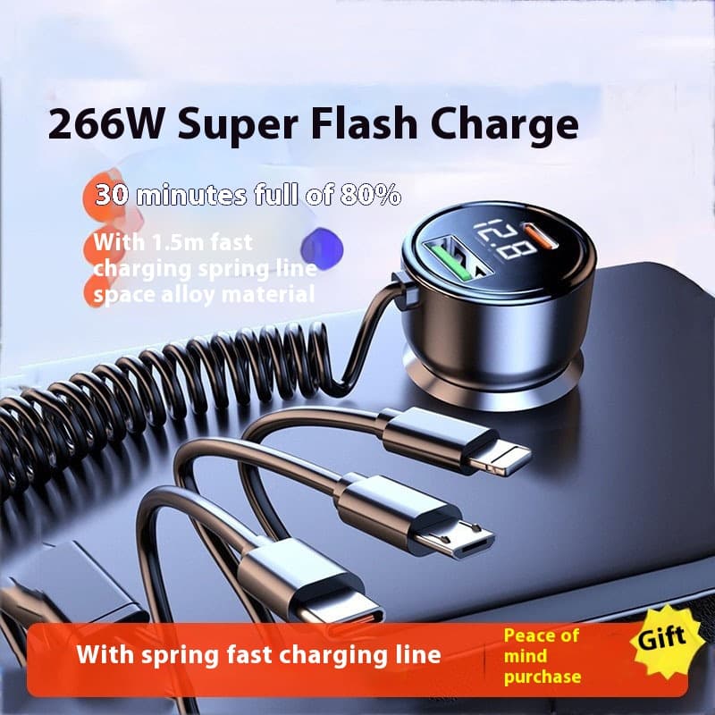 New digital car charger with one to three cable 100W super fast charging