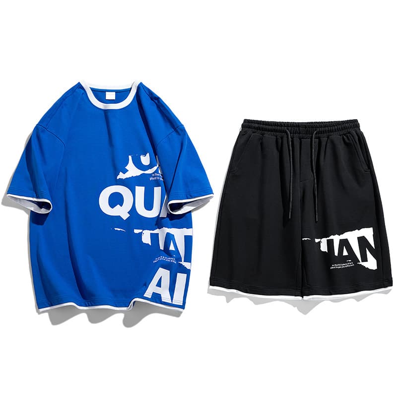 Men's Clothing Cross border short sleeved T shirt men's summer sports suit ins trend loose half sleeved T shirt handsome matching two piece set