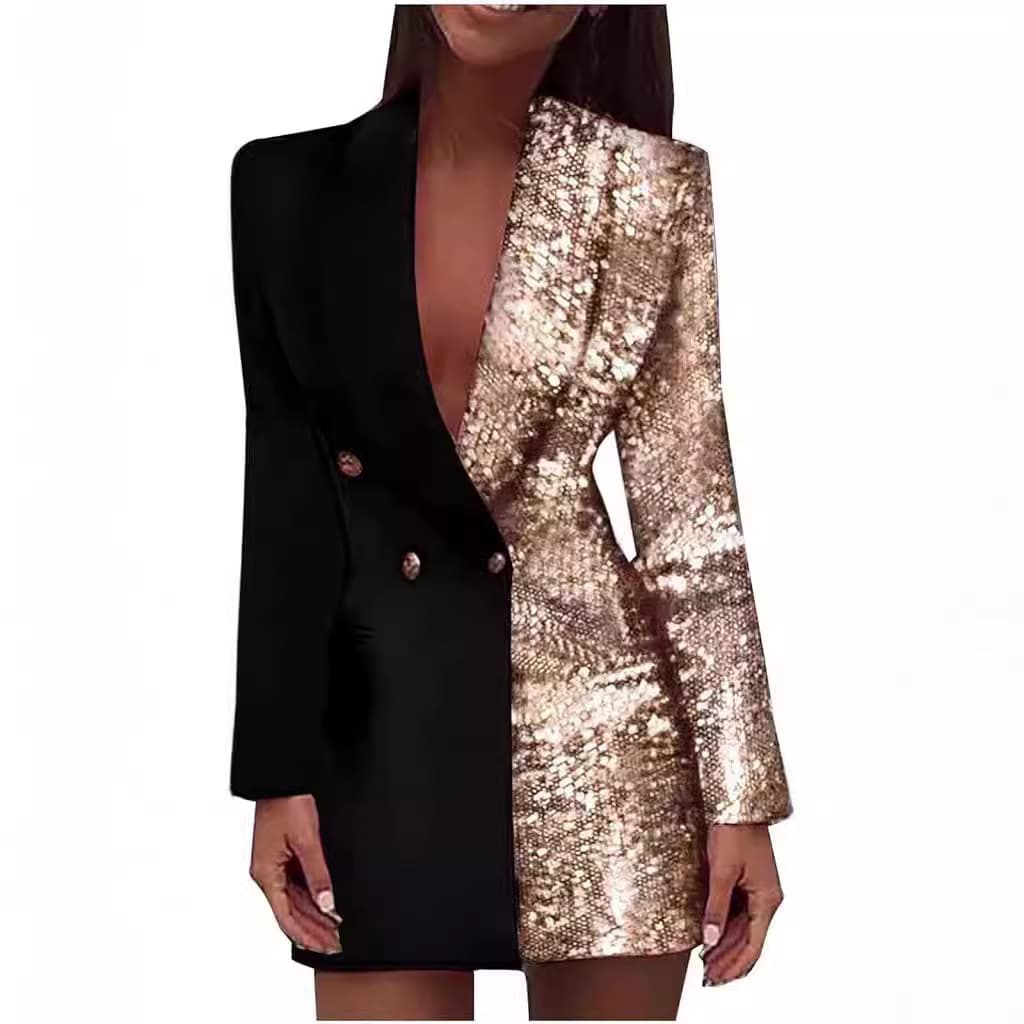 Women’s Clothing autumn new red sequined long sleeved stitching fashion casual trend V neck long sleeved slim professional skirt