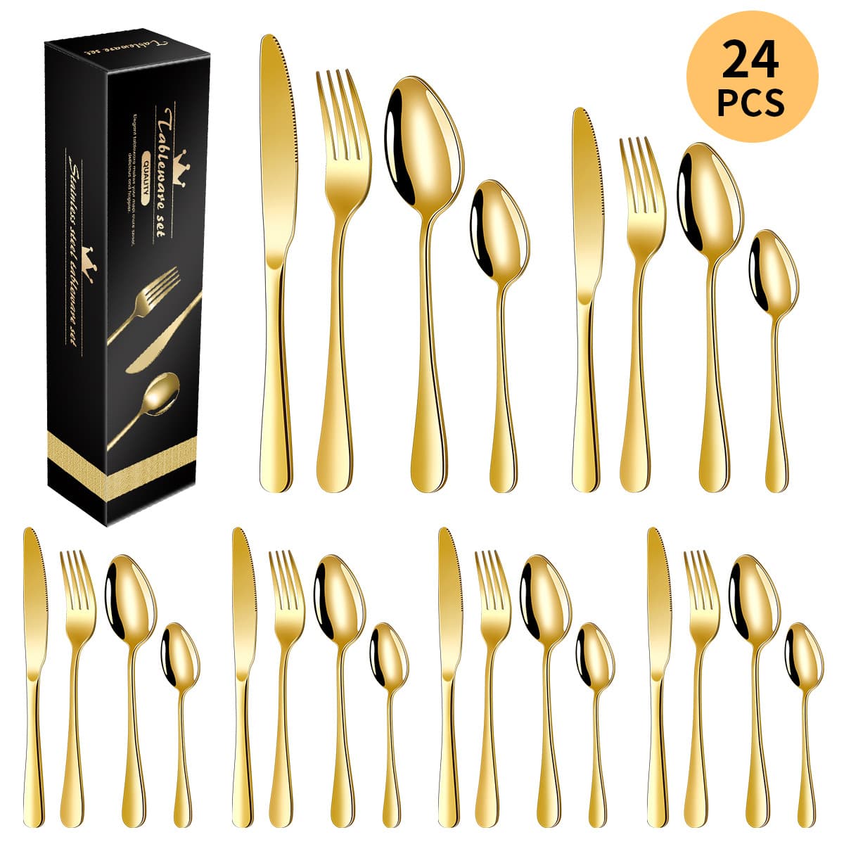 1010 Stainless Steel Cutlery Set – 16/24-Piece Premium Flatware For Restaurant & Home Use (Steak Knives, Forks, Spoons, Tea Spoons, Dishwasher Safe)