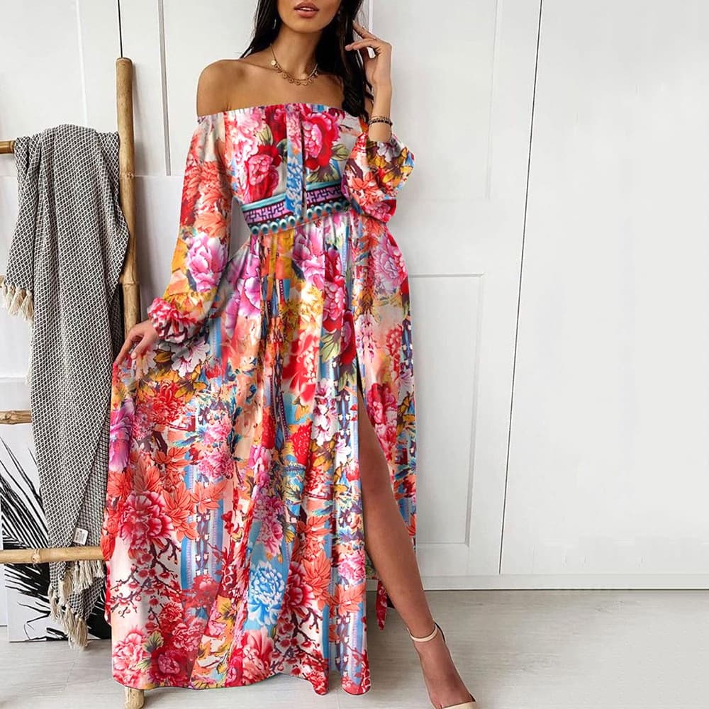 Women's Printed Dress One-shoulder Pullover Retro Long-sleeved Swing Slit Long Skirt