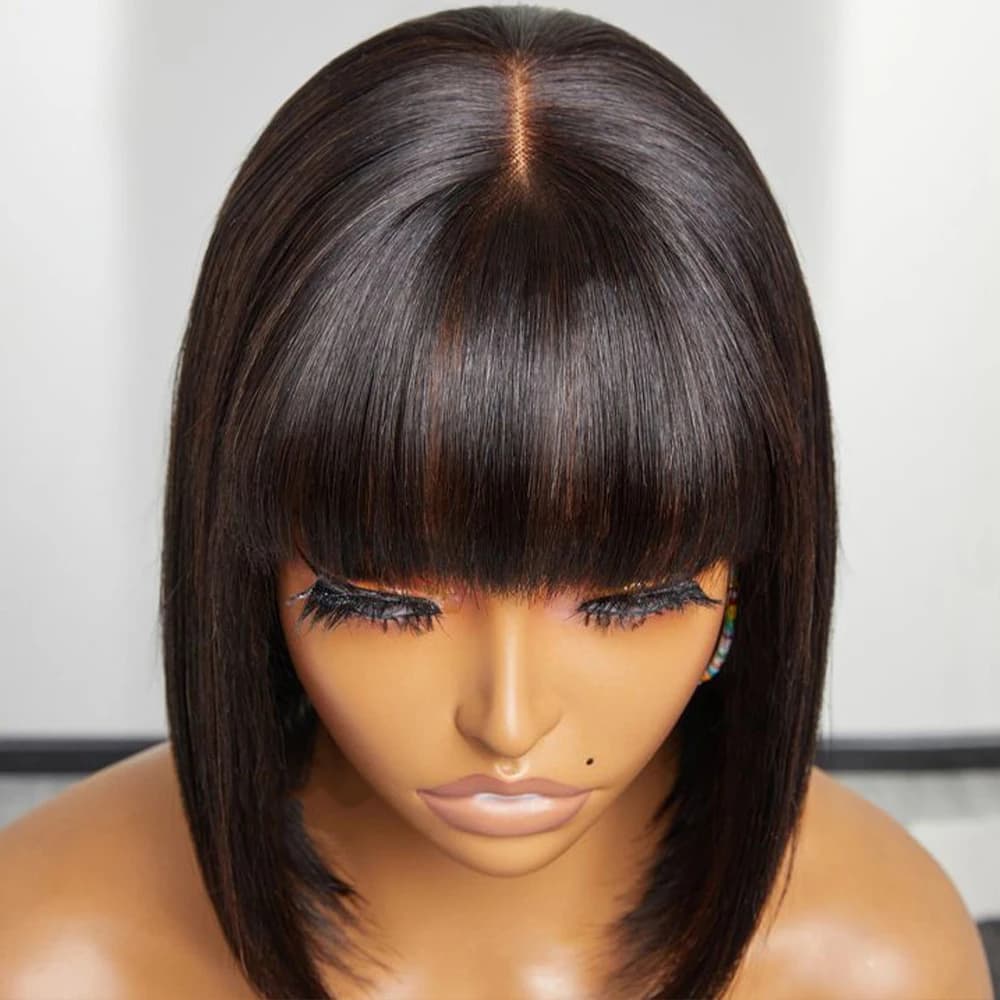 Short Bob Wig Bone Straight 100% Human Hair With Bangs 3x1 Lace Middle Part Wigs For Black Women