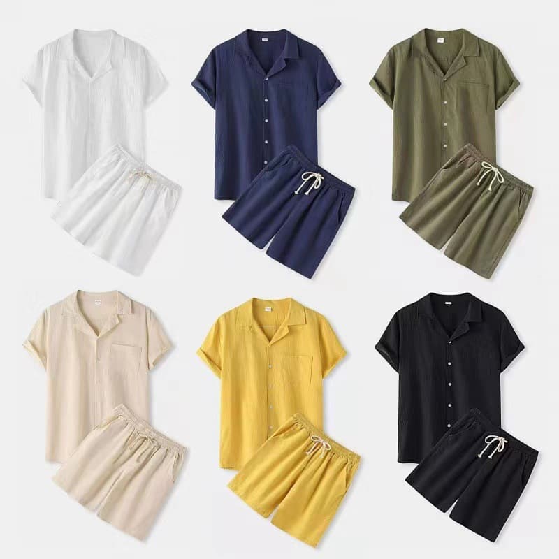 Men's Clothing Spring And Summer Cotton And Linen Solid Color Fashion Lapel Short Sleeved Shirt Shorts Suit Two Piece Set In Stock