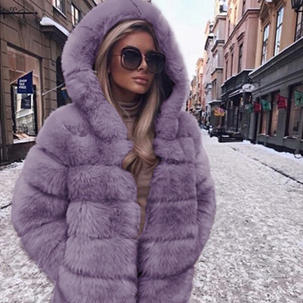 Women's Clothing Autumn and winter new women's mid length swing hood fur jacket top women's plush warm jacket