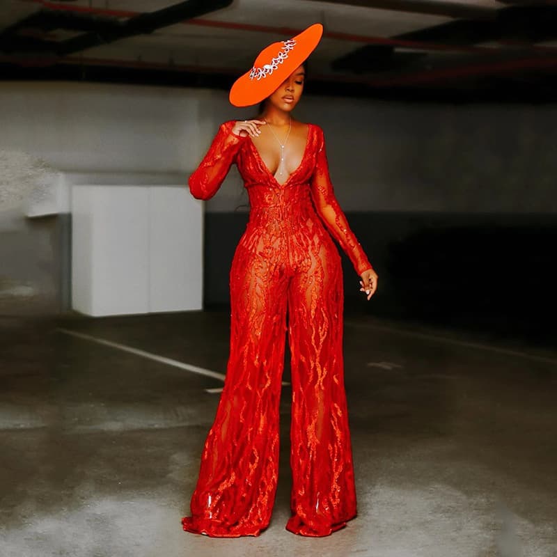Women'sn One-piece Sequin Halter Red Flame Jumpsuit Women's Clothing