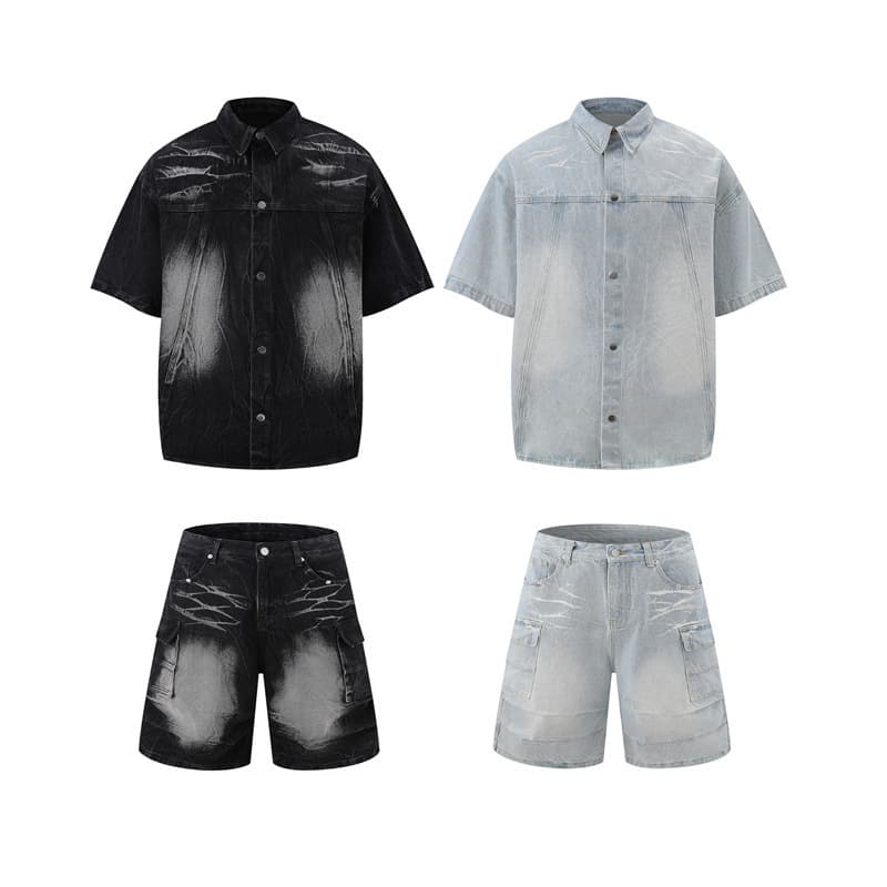 Retro American Style Short Denim Jacket And Shorts Set Single Breasted Washed Wavy Button Loose Fitting Casual Boho Modern