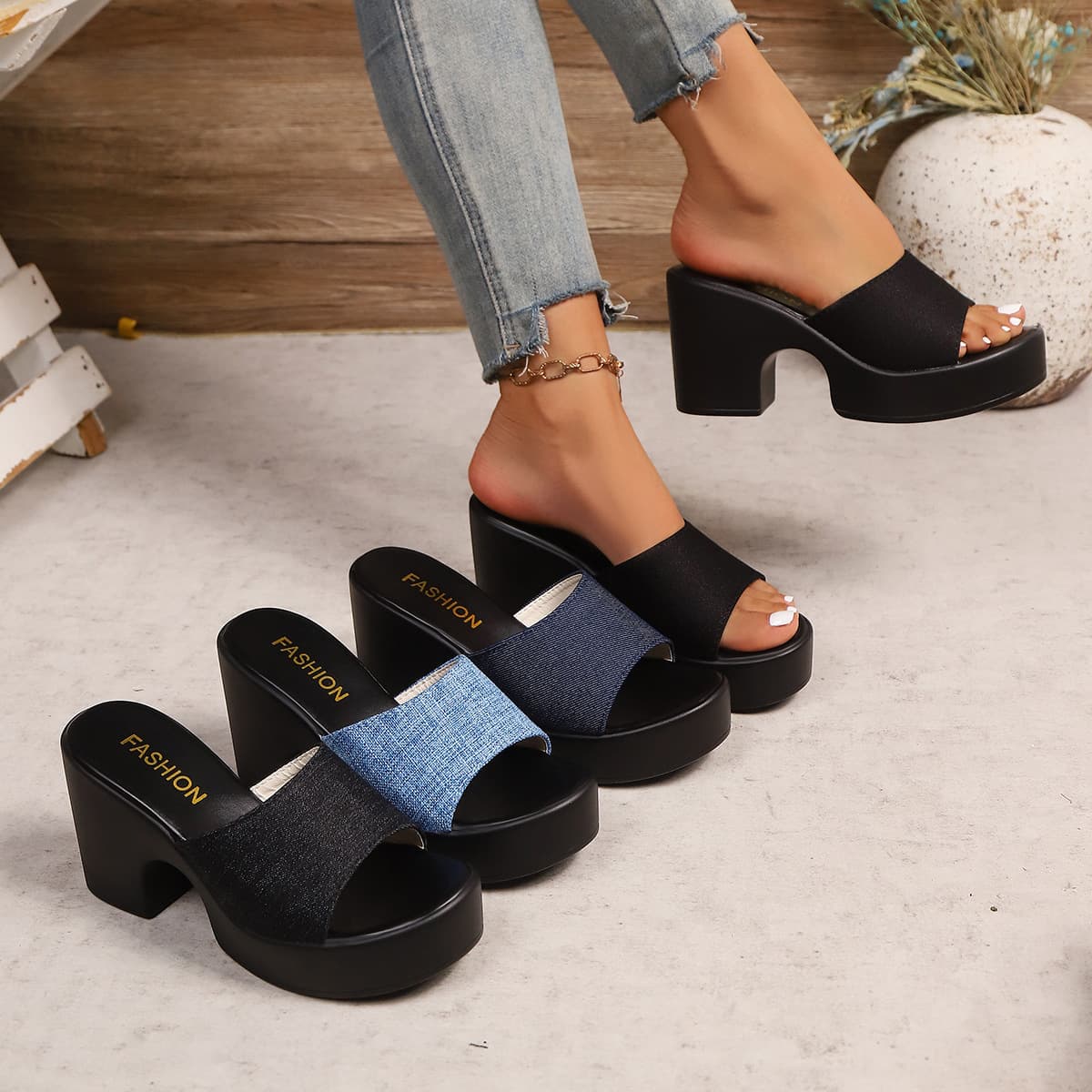 Women's Elegant High Heeled Sandals Summer New Style plus Size Denim Fabric Chunky Heel Size 43