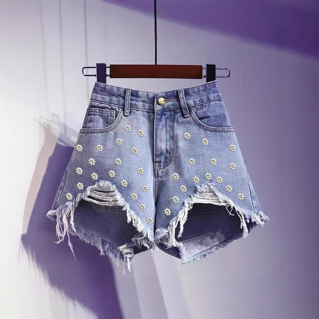 ​Embellished Denim Shorts Stylish Beaded High-Waisted Casual Shorts ( Cotton-Poly Blend, Distressed Hem & Rhinestone Accents, Comfortable Loose Fit)​