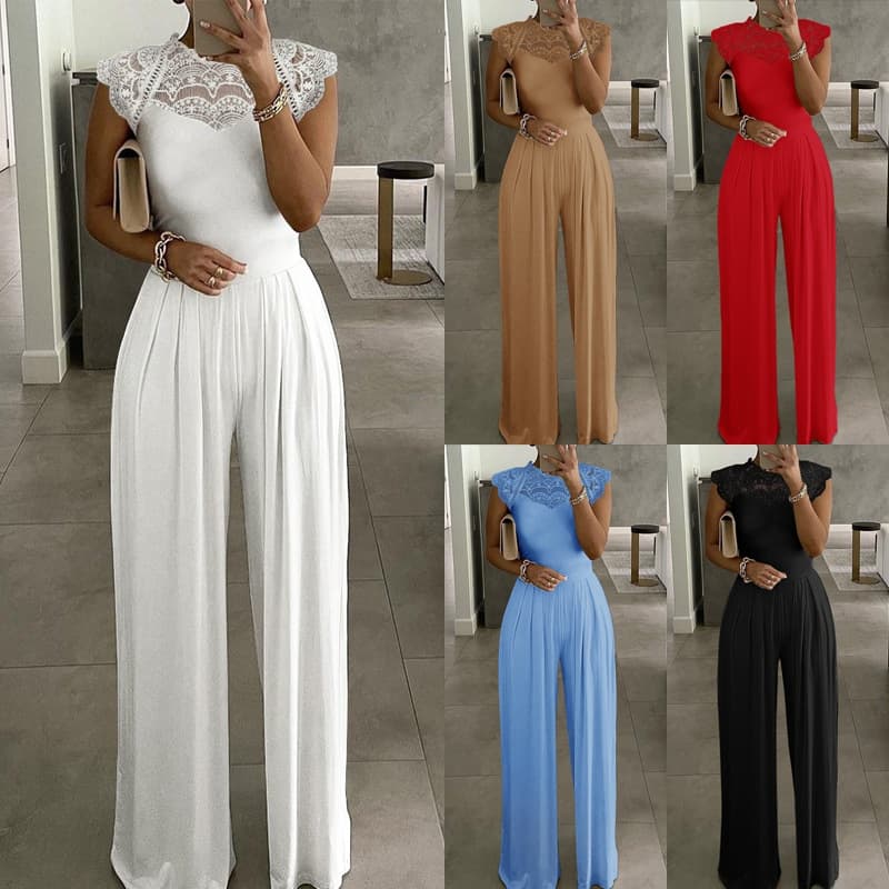 Women's solid color jumpsuit Fashion loose casual lace jumpsuit