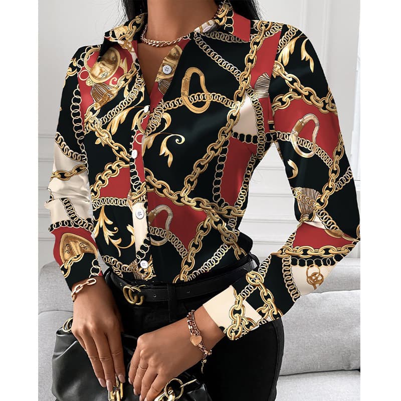 Spring And Autumn Long Sleeve Geometric Print Temperament Single Breasted Cardigan Shirt For Women