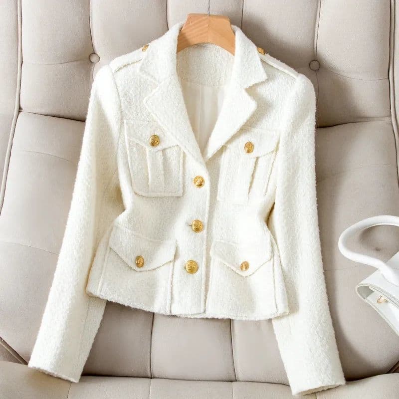 Women's Temperament Woolen Coat Women's New Milky White Tweed Suit Collar Short Small Coat Trend