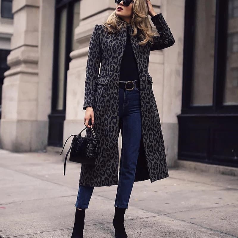 Women's winter coat mid-length long sleeve lapel black leopard print top