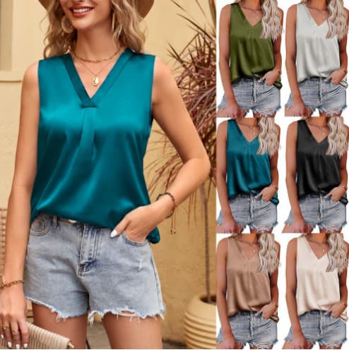 Women's Clothing V-neck Casual Satin Sleeveless Basic Vest Shirt