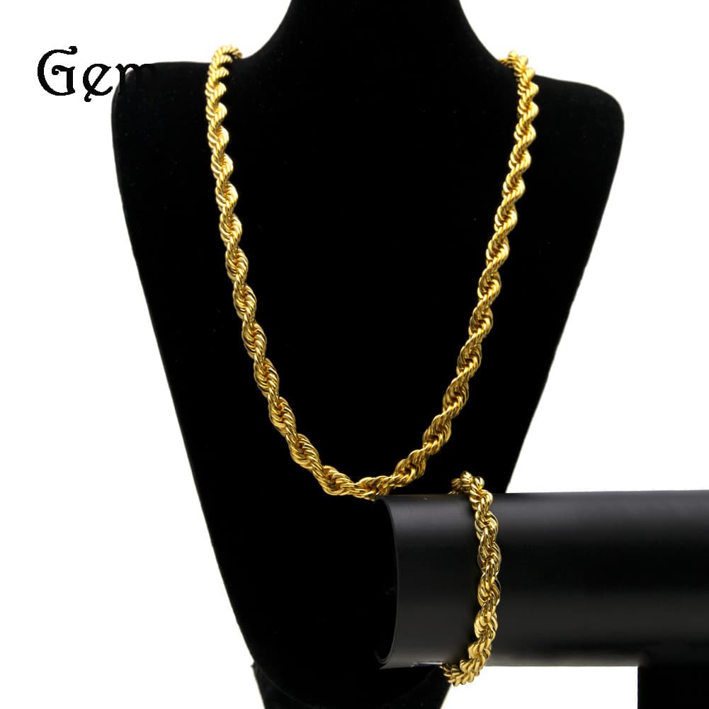Men's Rope Chain Jewelry Set - 1cm Hip Hop Twist Necklace & Bracelet Combo In Gold And Silver Twist Chain Bracelet Necklace Set