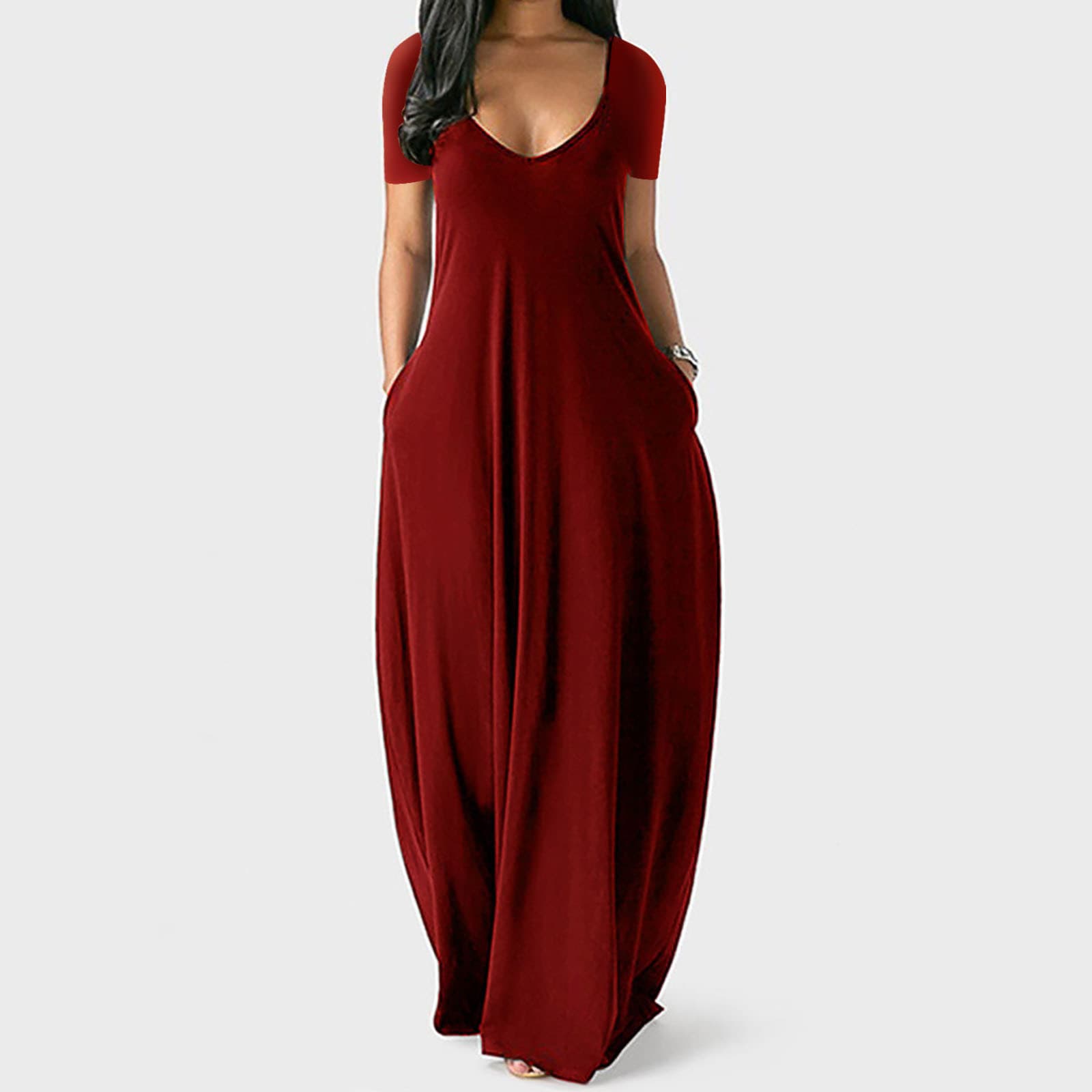 Women's Solid Color V-neck Short Sleeve Long Dress With Pockets