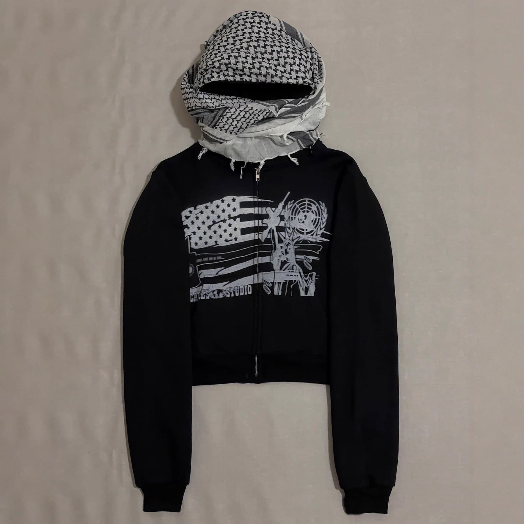 Men's Zip-Up Hooded Sweatshirt With Scarf Collar – Punk-Inspired, Polyester Blend, All-Season Layering (S-XL, Black)