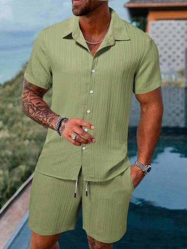 Chemise à revers rayée pour hommes, short, costume de sport décontracté à la mode