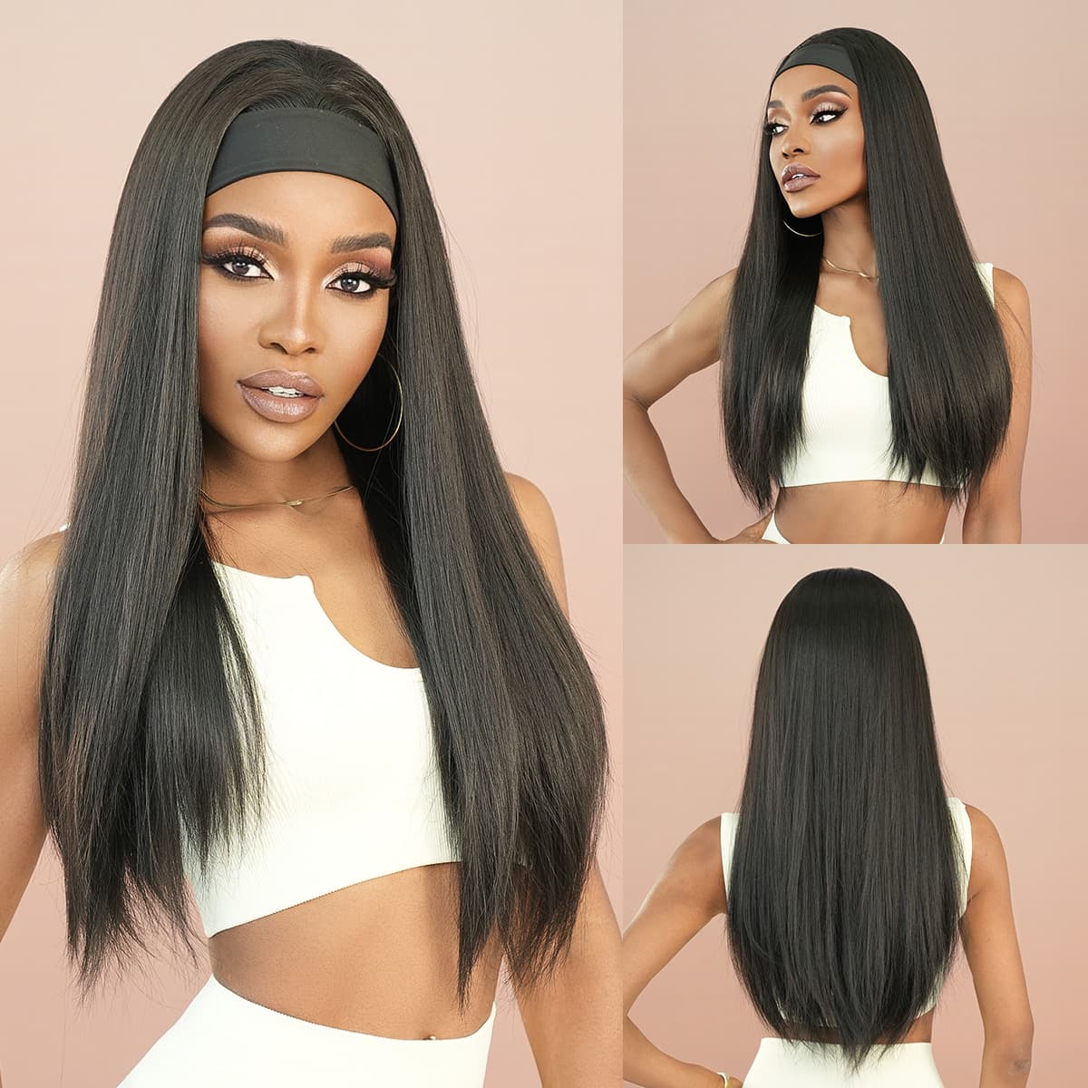 Women's headband wig high temperature silk Headband Wigs black long straight headscarf wig
