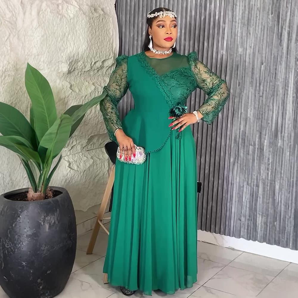 Women's Clothing Plus Size Elegant African Lace Evening Dress – Embroidered Mesh Gown For Women, Green/Black/White/Pink​​