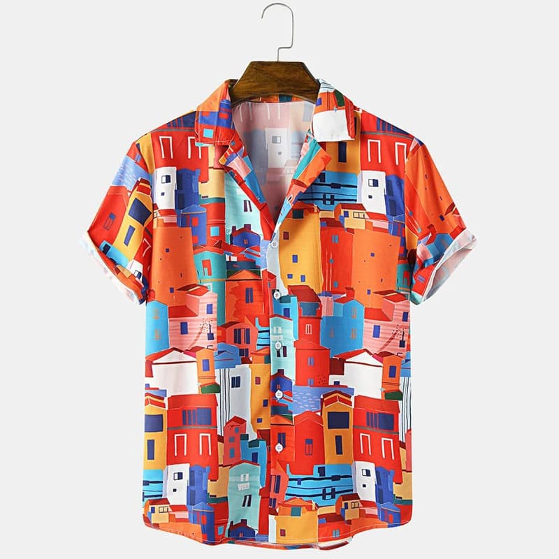 Men's casual loose rainbow striped beach print men's short-sleeved shirt shirt