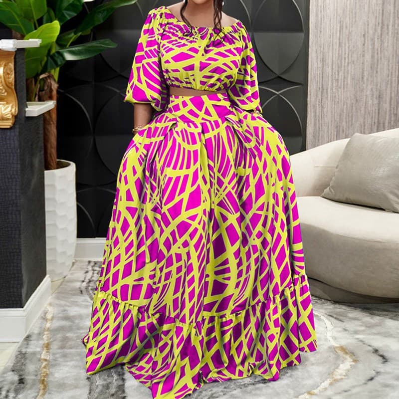 Women's Fashion Lapel Five-point Sleeve Abstract Painted Large Skirt Casual Suit