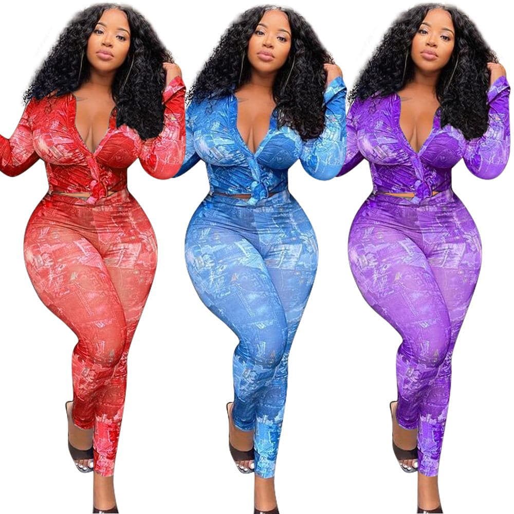 Women's fashion printed lotus sleeve shirt set