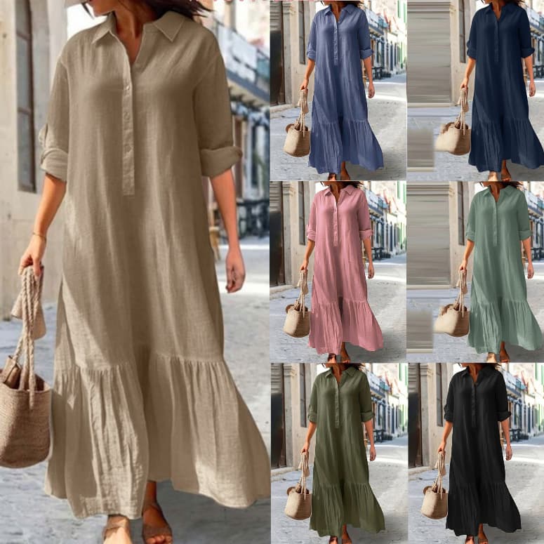 Women's Clothing Cotton And Linen Long Irregular Dress Shirt Collar Twist Button Casual Dress