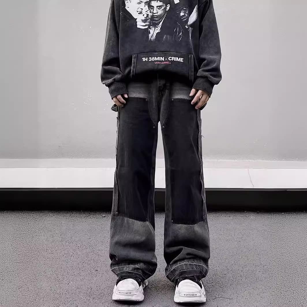 Men's Clothing high street loose straight jeans men's trendy brand washed hem raw edge wide leg drape trousers