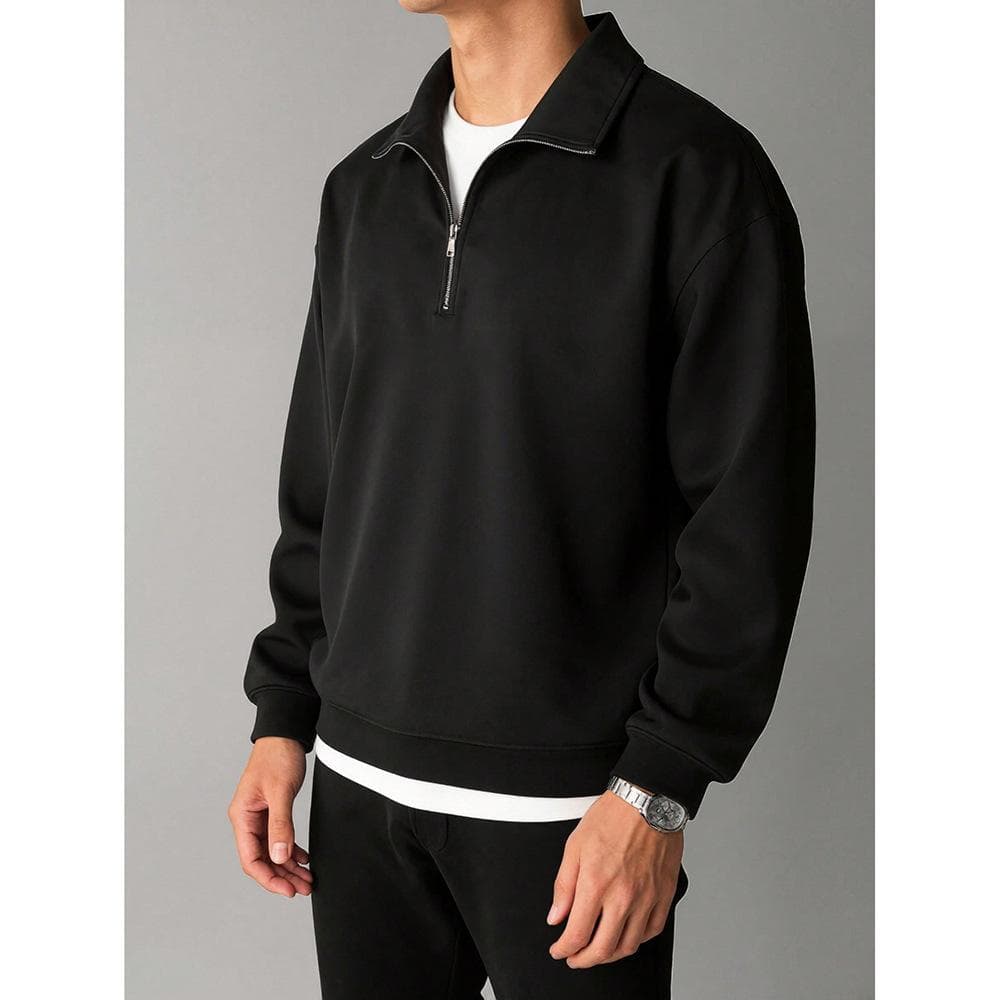 Classic American Crewneck Sweatshirt – Minimalist Pullover With Polo Collar (Black/White, M-XXL)
