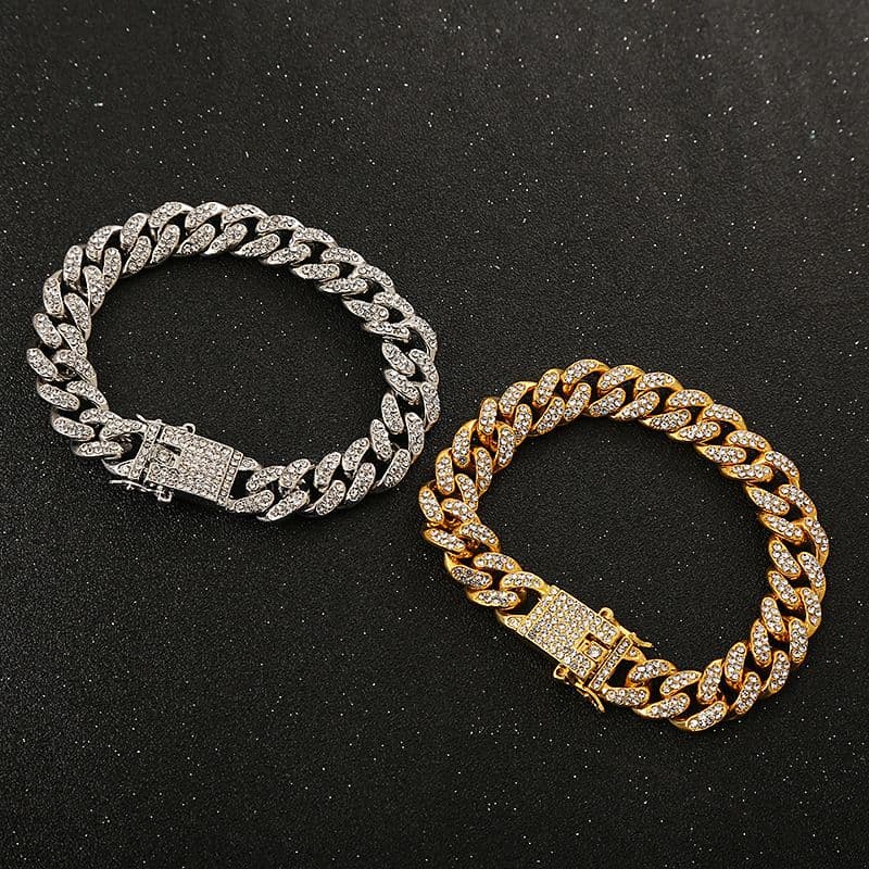 Trendy Personality Men's Cool Hip-Hop Accessories Big Gold Inlaid With Dias Cuban Chain Bracelet Necklace