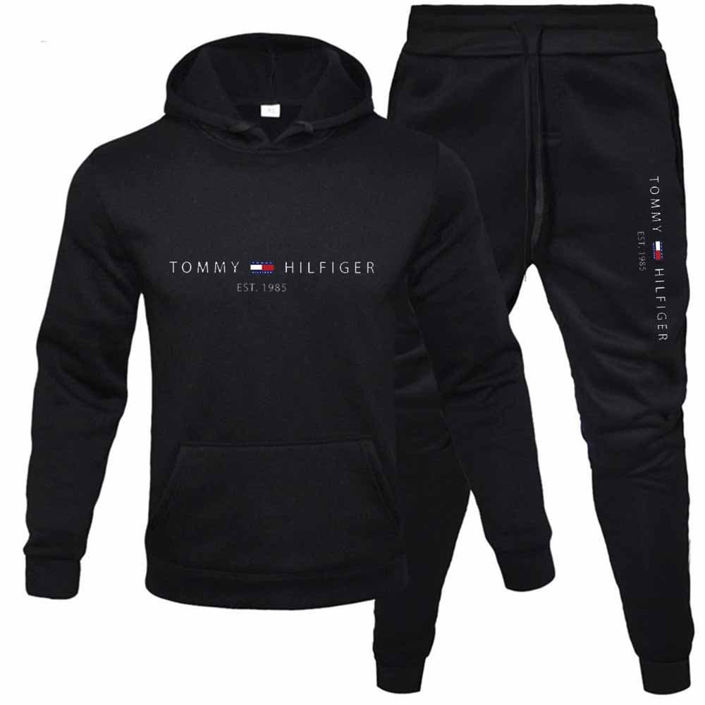 PQ Automne Hiver Hommes Pull Plus Polaire À Capuche Costume Imprimé Couleur Unie Pull Sport Ensemble 2 Pièces