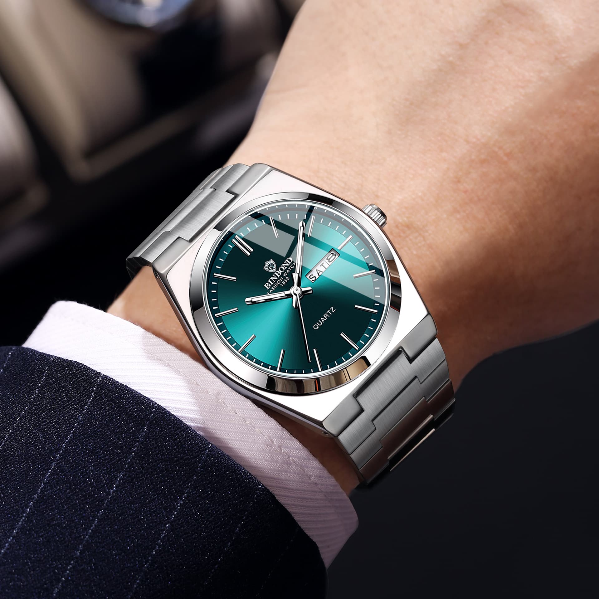 Montre homme fine en acier inoxydable à quartz avec affichage de la date, étanche, style business décontracté, double calendrier