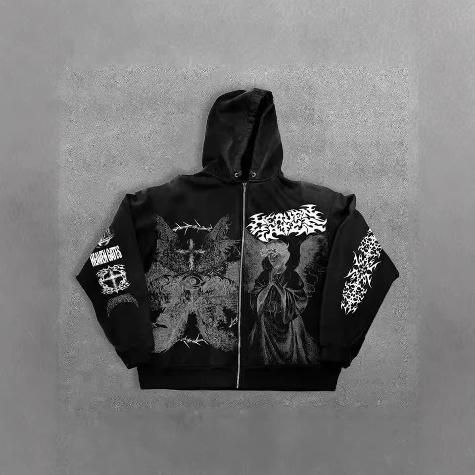 New Angel Print Hoodie Zipper Unisex Loose Sweater Y2K Retro Style
