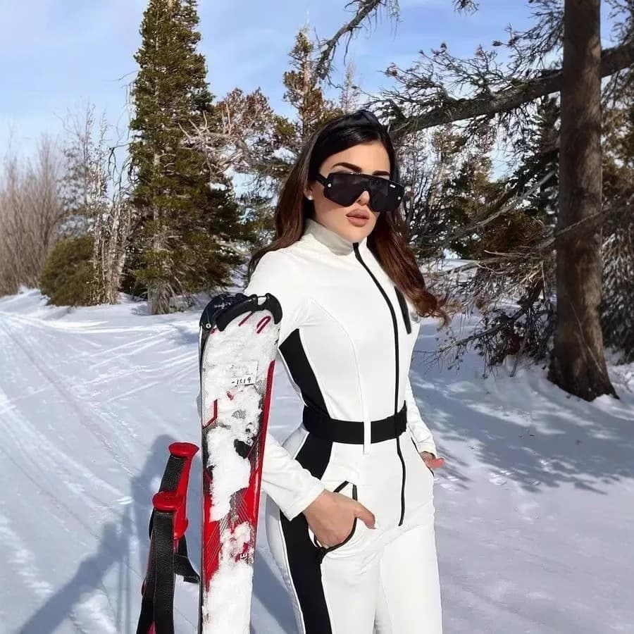 Women's Waterproof Ski Jumpsuit Winter Warm Full Body Snowsuit With 3d Print Fashion Design For Outdoor Sports (White/Black)