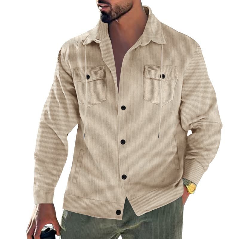 Suitable For All Seasons Ho Selling Auumn Winer New Men's American Syle Pocke Corduroy Long Sleeve Loose Sriped Turn-down Collar Jacke