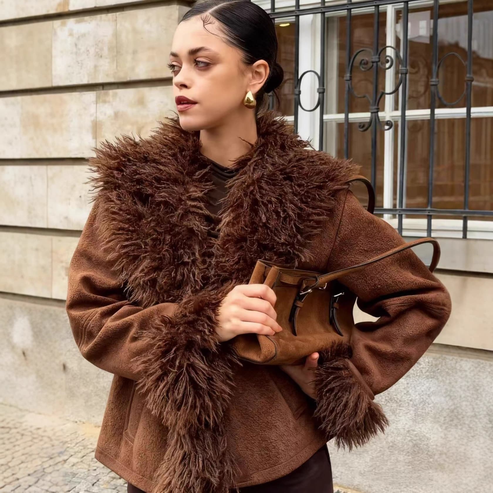 Faux Fur Jacket – Premium Vegan Leather Effect Coat With Notched Collar & Hidden Pockets