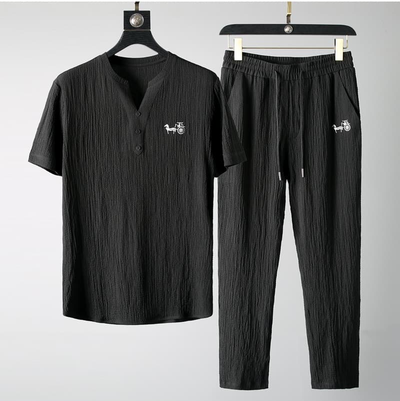 Men's Clothing new thin casual sports suit men's summer Chinese style high-end V-neck embroidery slim short-sleeved two-piece suit