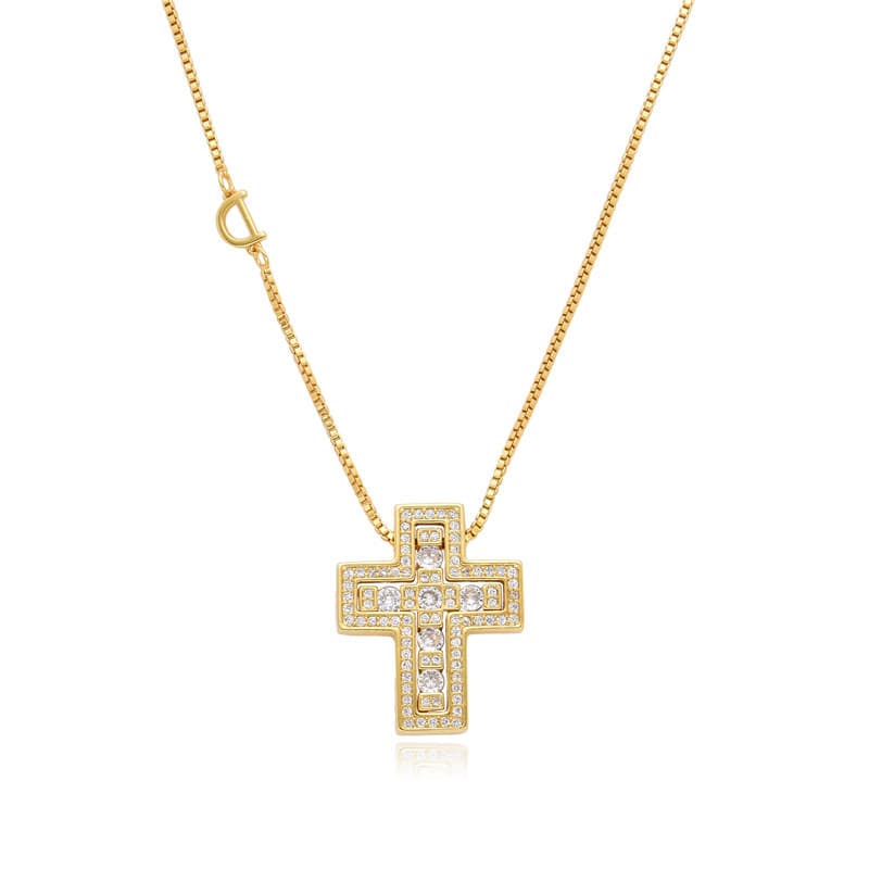 European And American Cross-Border Full Diamond D-Shaped Necklace For Women Celebrity Style Fashion Double Layer Cross