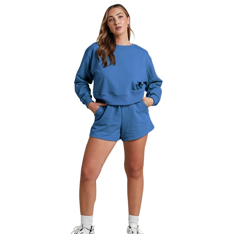 Ensemble décontracté à capuche et short court à manches longues pour femme – Tenue deux pièces unie pour l'automne et l'hiver
