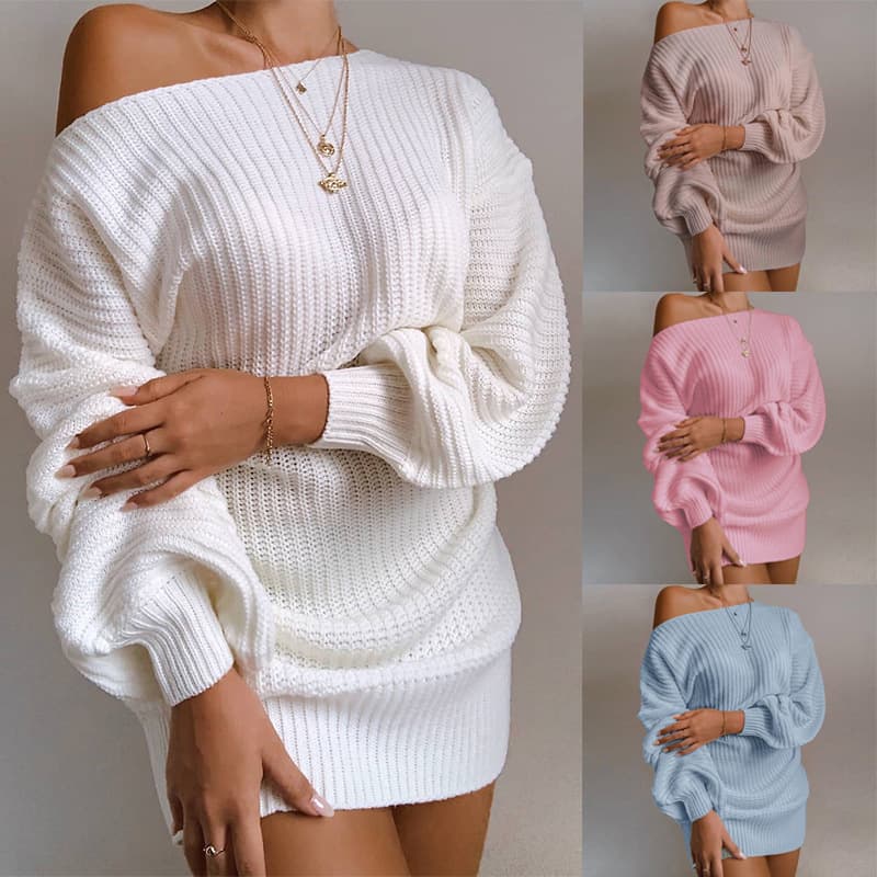 Women's Clothing Sweater Hot Style Casual Off-Shoulder Lantern Sleeve Knitted Sweater Dress