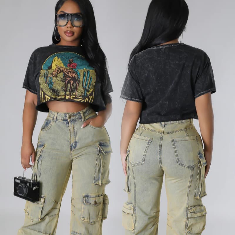 Women's fashion hot-selling round neck printed short-sleeved high waist T-shirt