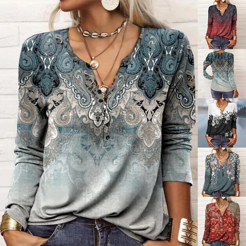 Women's long-sleeved printed national fashion T-shirt