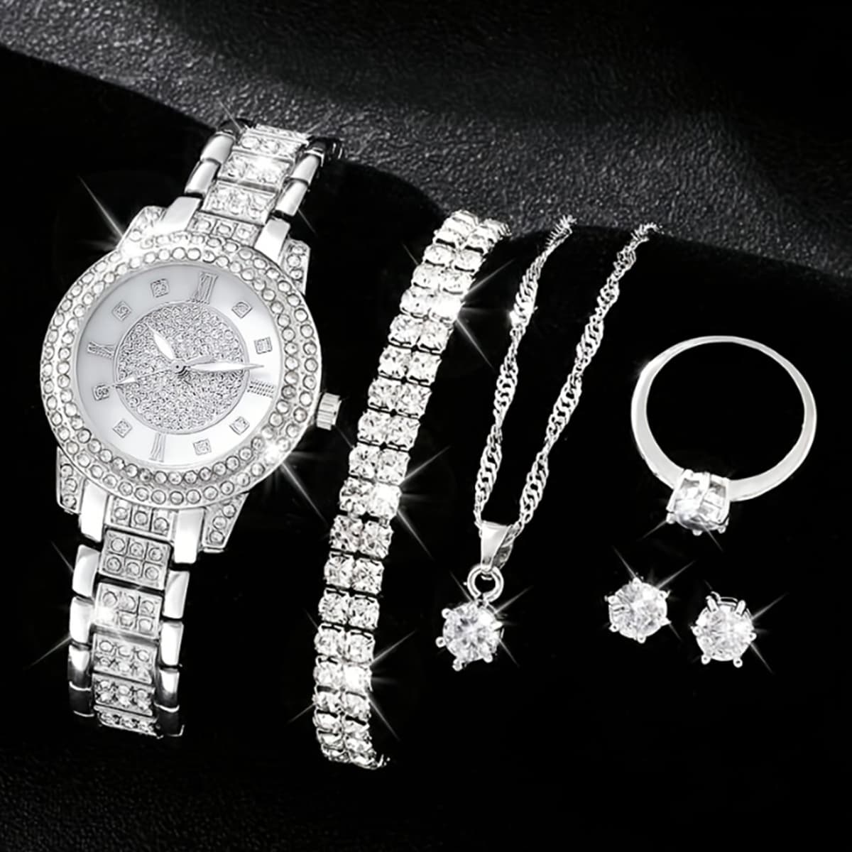 Ladies new fashion rhinestone dial steel band quartz watch + luxury rhinestone jewelry set