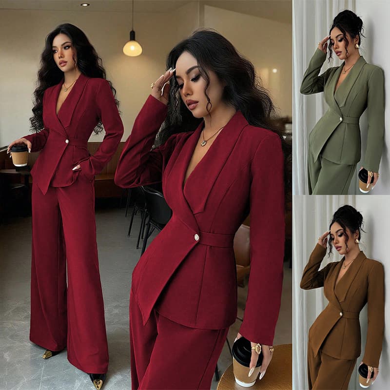 Women's Suit Temperament Fashion Long-sleeved Blazer Straight Pants Up And Down Two-piece Suit