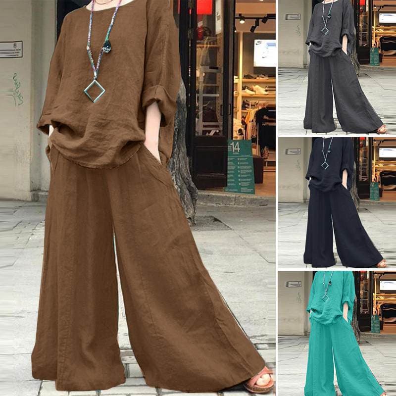 Women's Clothing Casual Loose Solid Color Cotton And Linen Shirt Long Sleeved Pants Suit Two Piece Suit