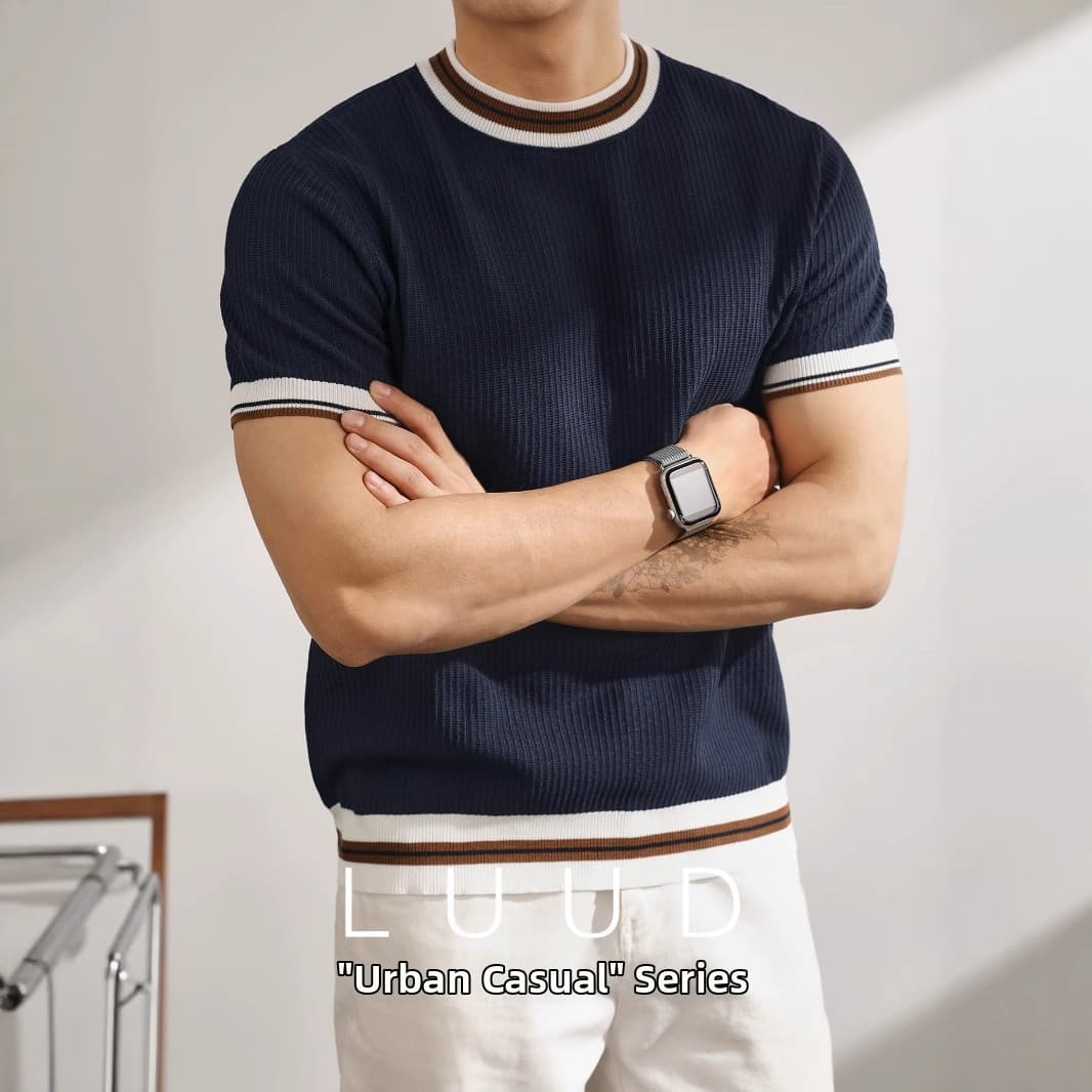 Men's Clothing Slim Fit Short Sleeve Knit Sweater Color Block Striped Ice Silk Breathable Business Style Korean Style