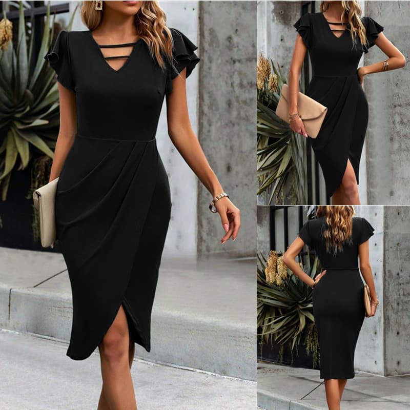 Women's Clothing Solid Color Ruffle Sleeve Dress Women