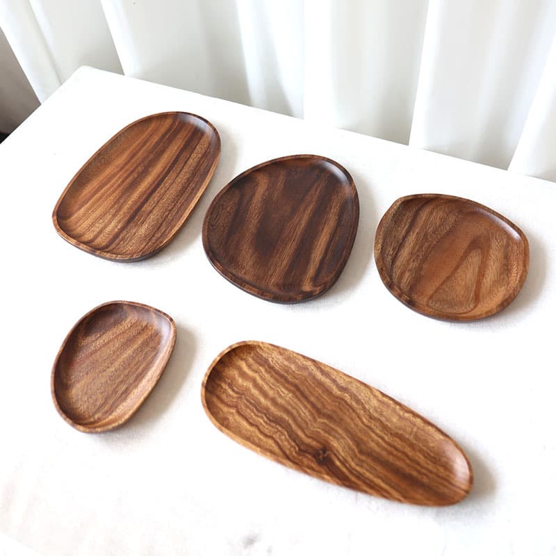 Solid Wood Style Oval Tray Natural Acacia Wood Fruit Plate With Pebble Design For Home Dining