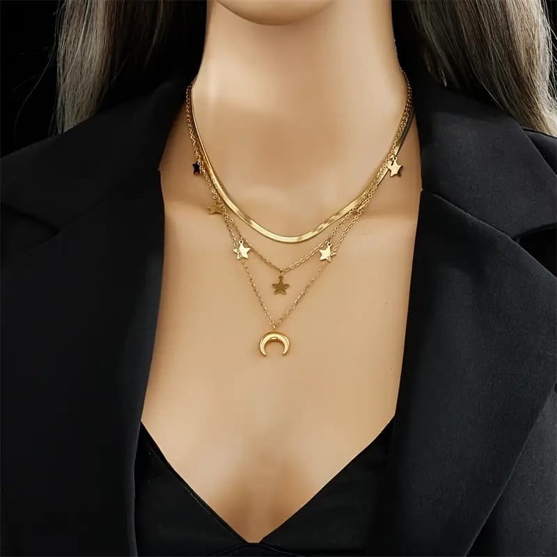 European And American Cross-Border Jewelry Fashion Flat Snake Chain Star Tassel Personality Horn Pendant Multi-Layer